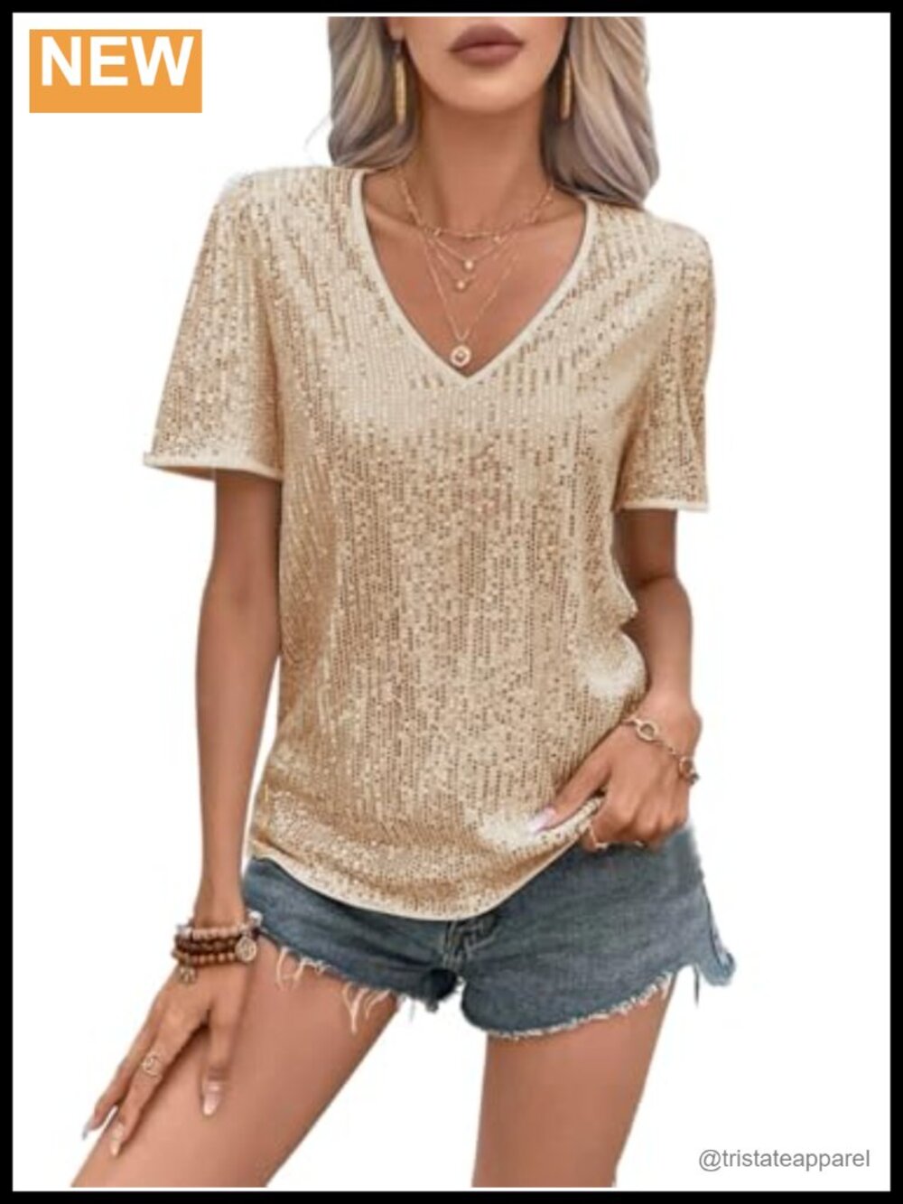 Sequin V-Neck Short Sleeve Sparkly Blouse Women's Glitter Party Club Top